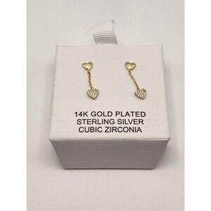 14K Gold Plated Sterling Silver Cubic Zirconia Heart Dangle Earrings